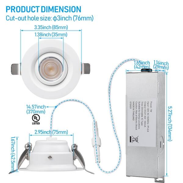 3" 5CCT Eyeball Recessed Light CRI90+ Dimmable Swivel Adjustable